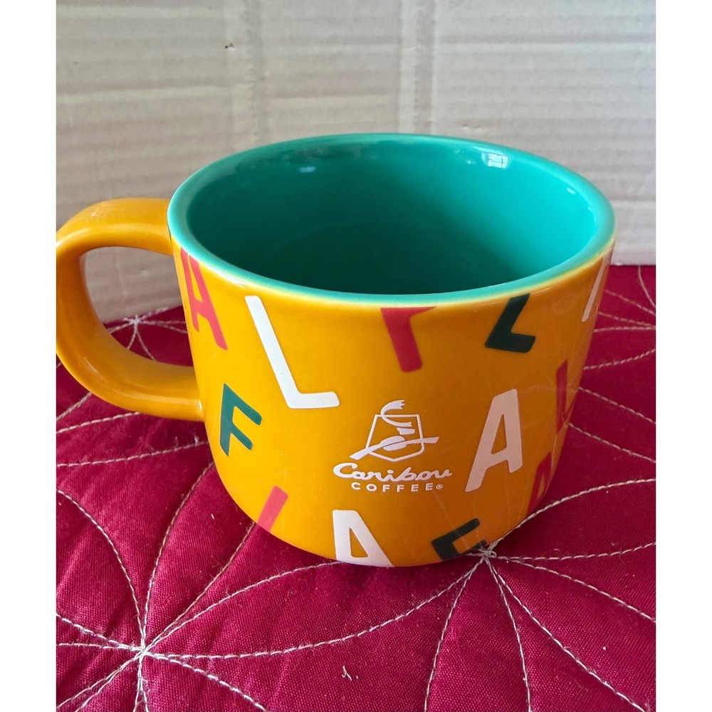 Caribou Coffee Fa La La Yellow Teal Holiday Coffee Mug 10oz 2022 Christmas Cup